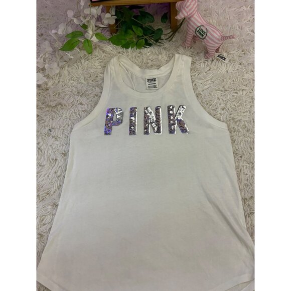 Victorias Secret Pink Silver Sequin Logo White Tank Top XS Glitter Sparkle - Picture 2 of 12